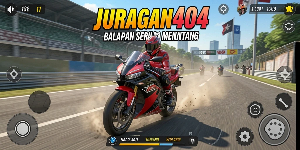 Tangkapan layar utama JURAGAN404 menunjukkan pengalaman balapan yang mendebarkan.