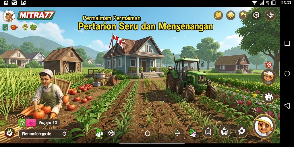Screenshot gameplay MITRA77 menampilkan aktivitas pertanian yang penuh warna.
