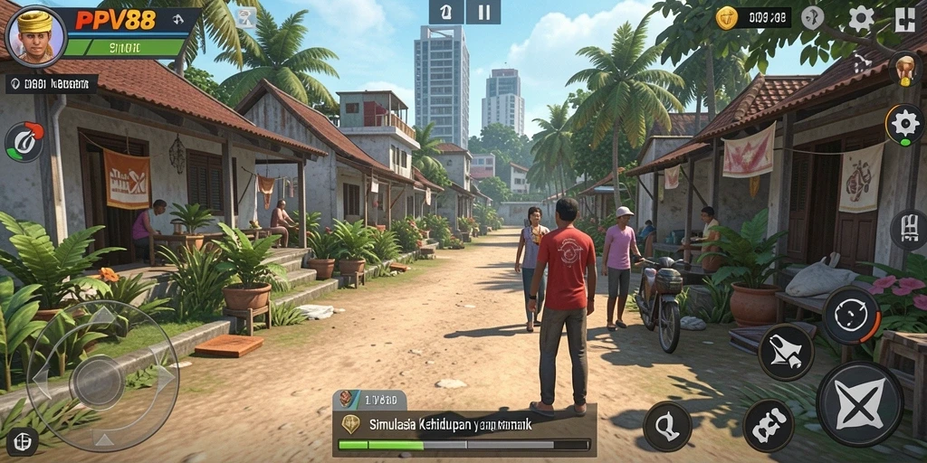 Screenshot gameplay PPV88 menampilkan karakter dalam aktivitas sehari-hari.