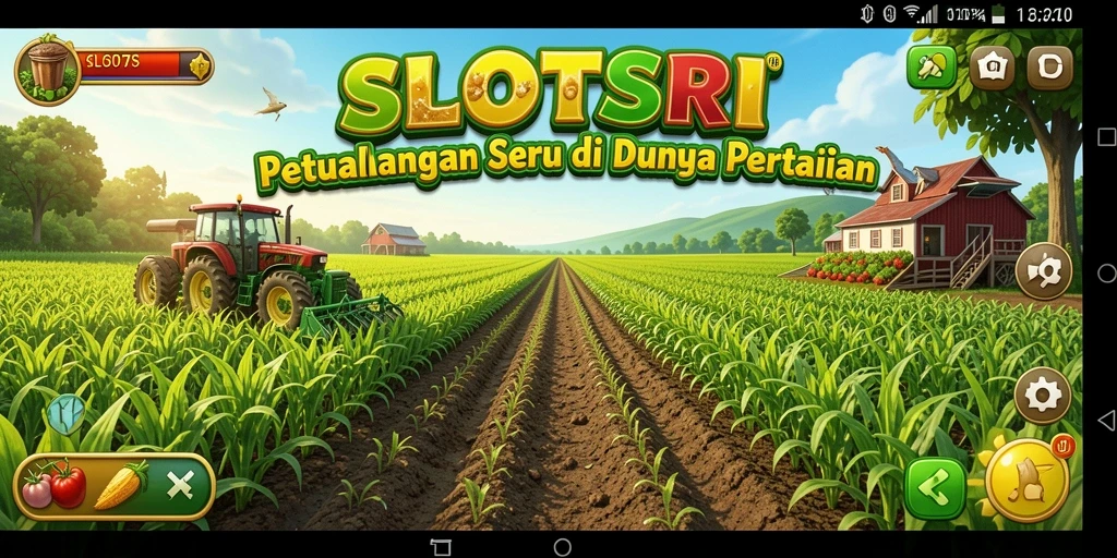 Screenshot gameplay SLOTSRI yang menampilkan ladang subur dan tanaman yang beragam.